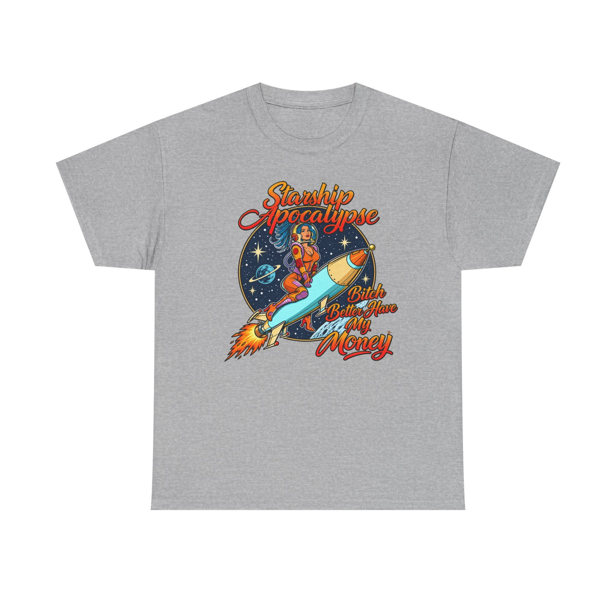 Apocalypse Rocket Tee — 'Sparkling Apocalypse' Retro Space Graphic T‑Shirt